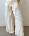 White Casual Tie Waist Pleated Wide Leg Pants