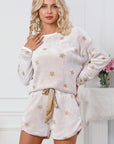 White Plush Star Pattern Long Sleeve Pullover and Shorts Lounge Set - Little Miss Vanilla