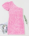 Pink Sequin One Shoulder Puff Sleeve Bodycon Mini Dress - Little Miss Vanilla