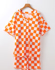 Orange Checkerboard Print V Neck Loose Tee and Shorts Lounge Set - Little Miss Vanilla