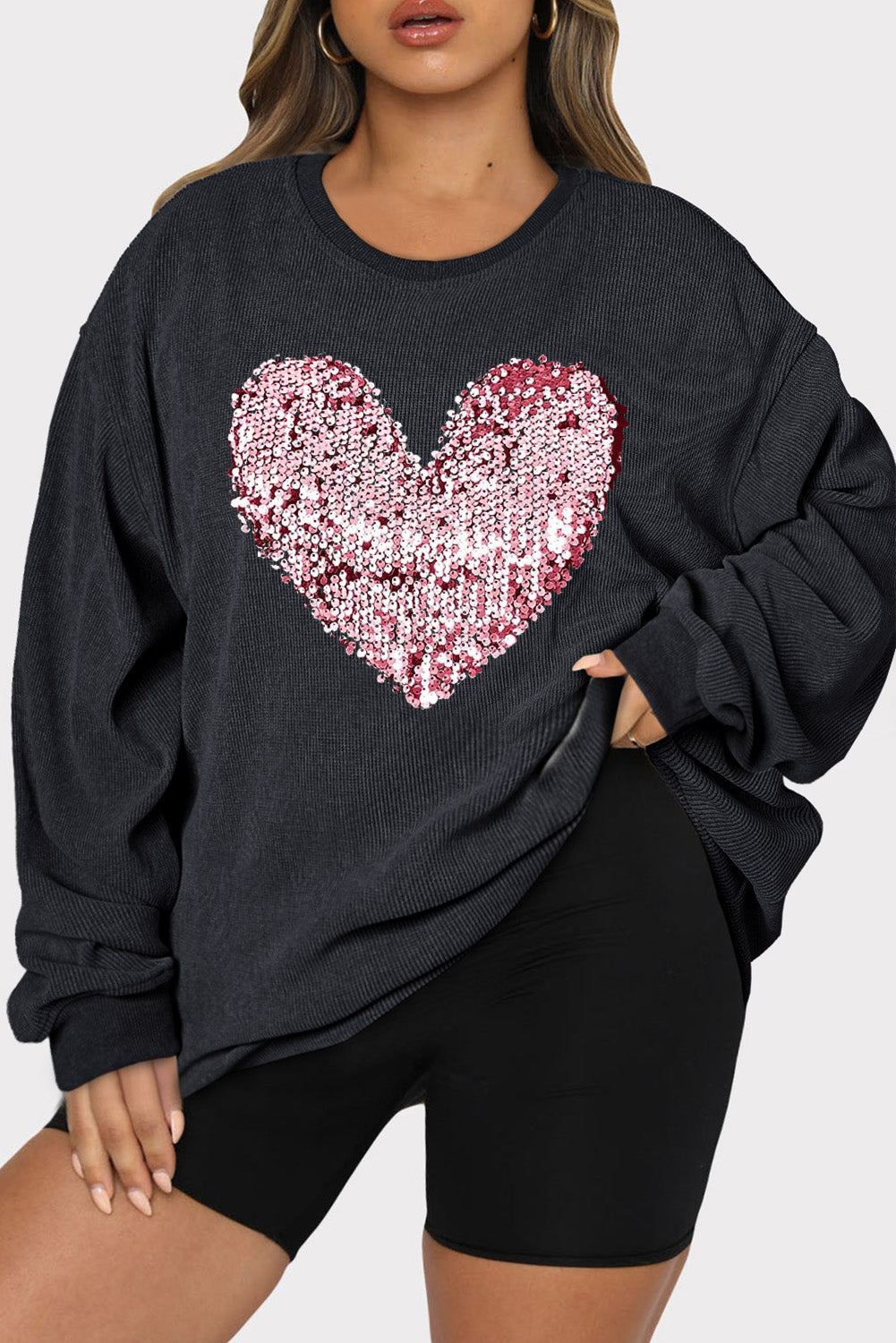 Plus Size Heart Sequin Round Neck Sweatshirt - Little Miss Vanilla