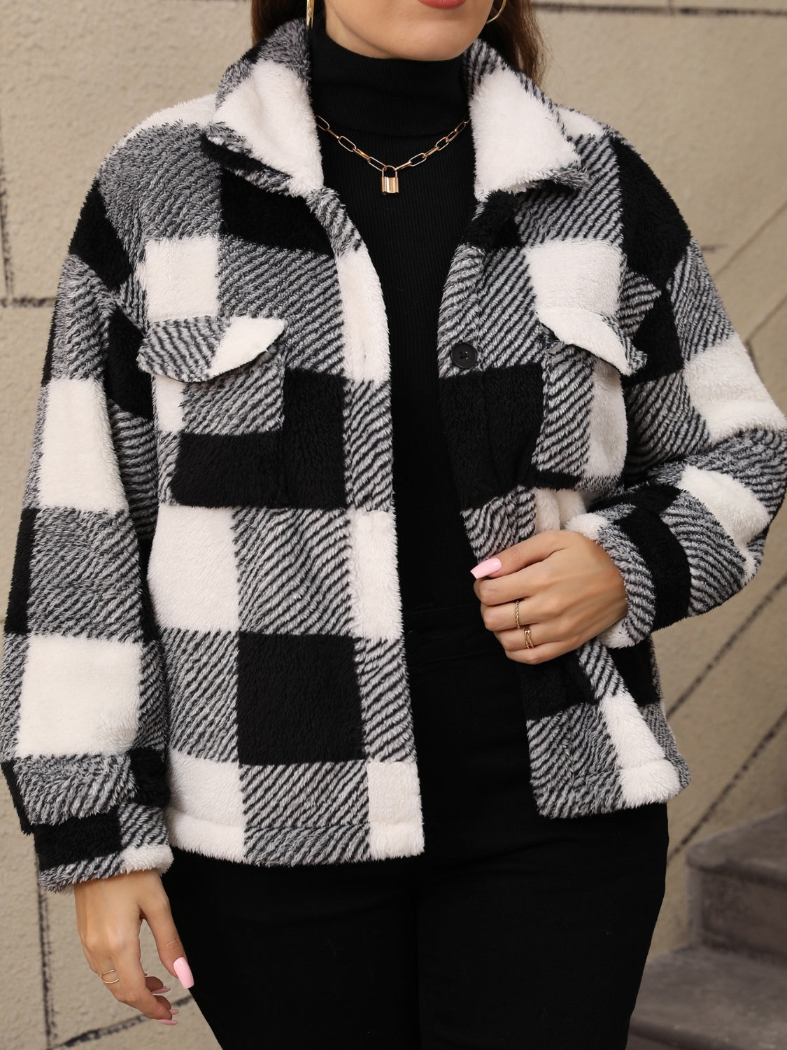 Plus Size Pocketed Plaid Collared Neck Jacket - Little Miss Vanilla