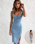 New U-neck Suspender Denim Dress Summer Casual Tight Slim Fit Dresses With Slit Design Womens Clothing - Little Miss Vanilla