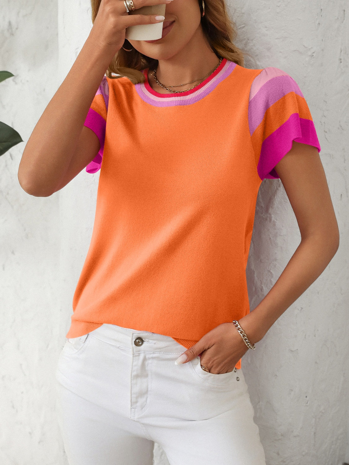 Mandy Contrast Round Neck Short Sleeve Knit Top - Little Miss Vanilla