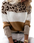 Colorblock Leopard Print Round Neck Casual Sweater Women's Clothing