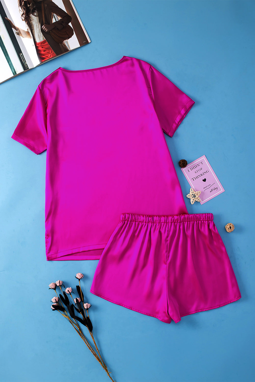 Bright Pink Satin V Neck Tee and Drawstring Shorts Set - Little Miss Vanilla