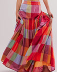 Multicolour Plaid Print Ruched High Waist Casual Maxi Skirt