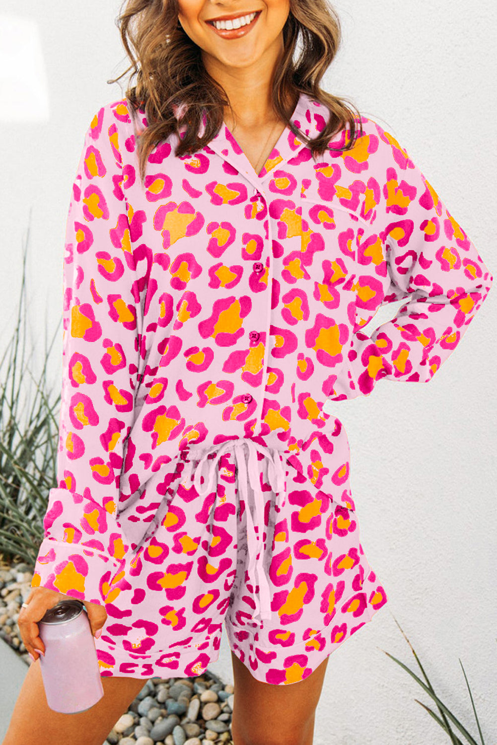 Pink Leopard Print Long Sleeve Shirt and Shorts Pajama Set - Little Miss Vanilla