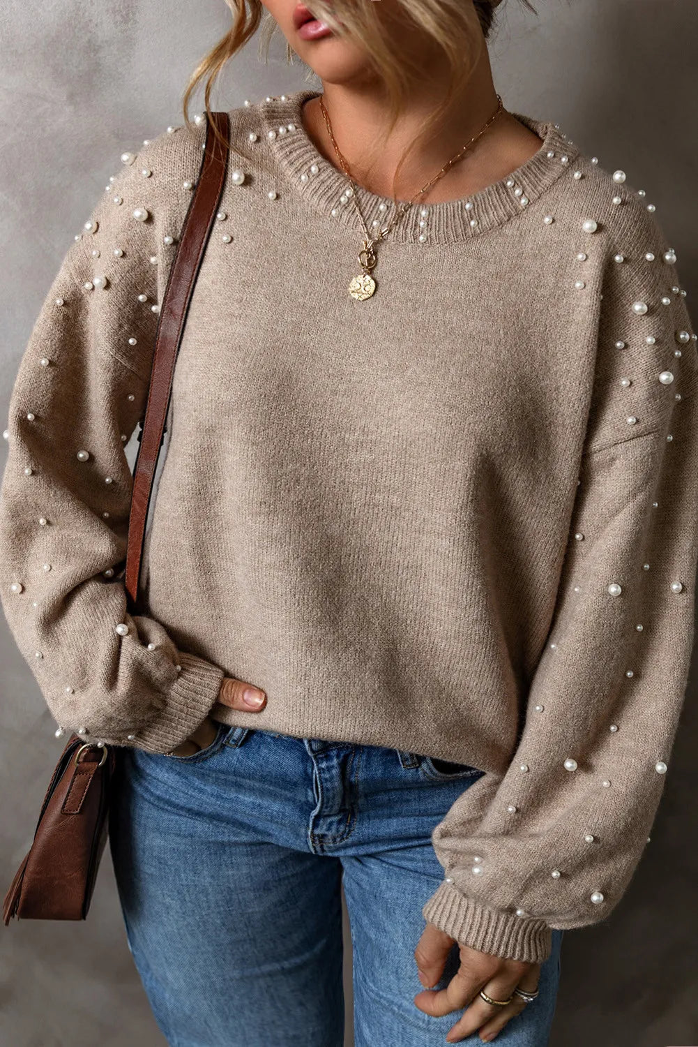 Plus Size Pearl Detail Round Neck Long Sleeve Sweater - Little Miss Vanilla