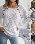 Square Neck Knitted Sweater With Button Design Winter Warm Long Sleeve Tops Women's Clothing