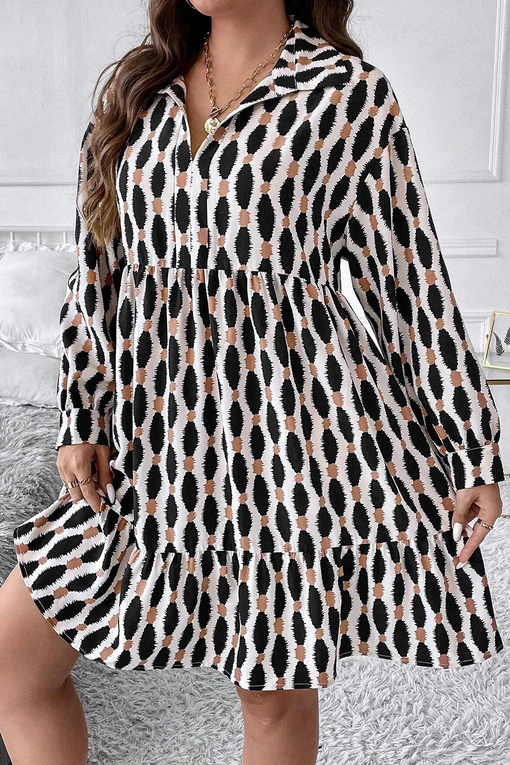 Plus Size Printed Johnny Collar Long Sleeve Dress - Little Miss Vanilla