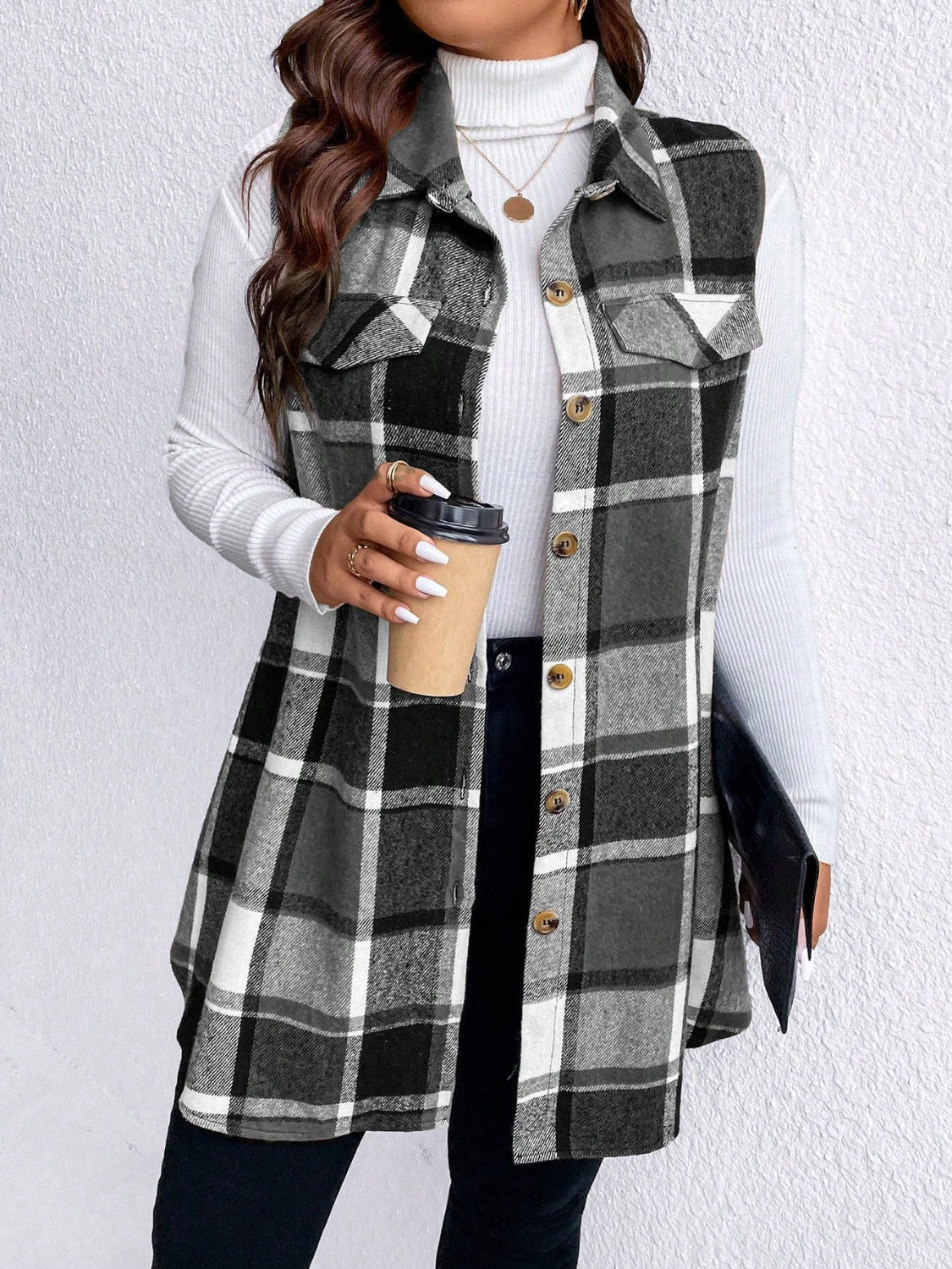 Honey Plus Size Pocketed Plaid Button Up Vest Coat - Little Miss Vanilla