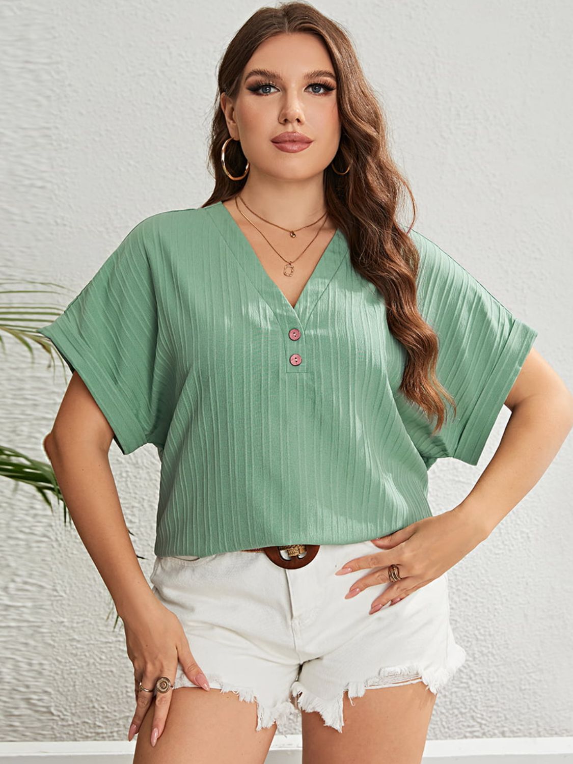 Honey Plus Size Buttoned V-Neck Short Sleeve Top - Little Miss Vanilla