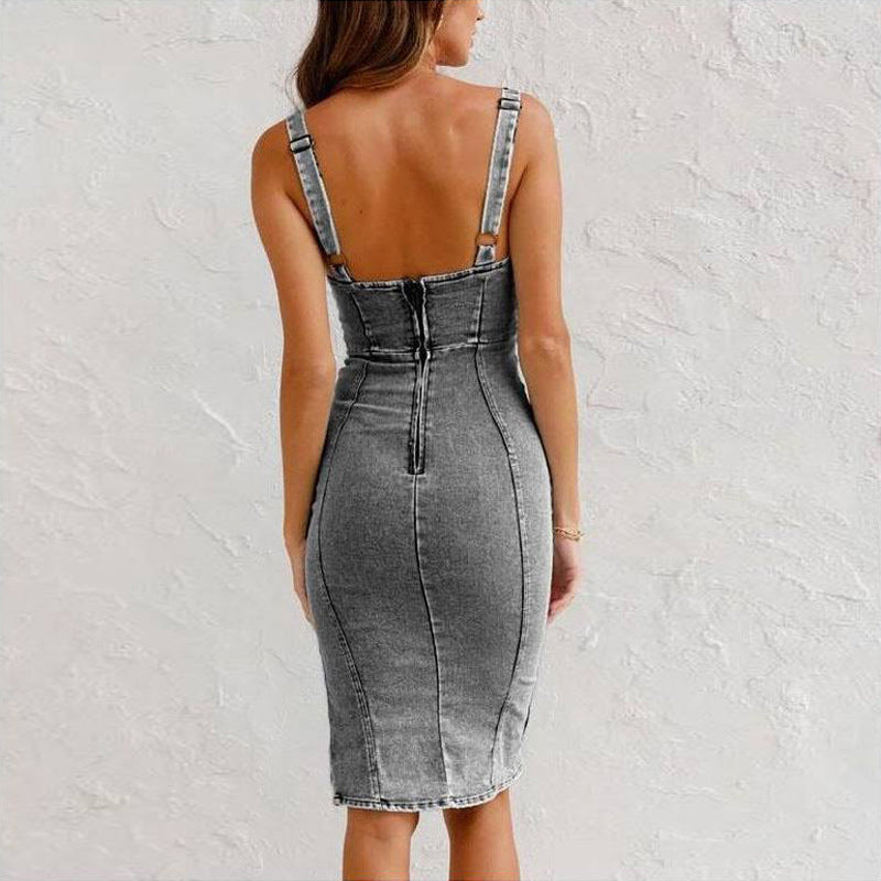 New U-neck Suspender Denim Dress Summer Casual Tight Slim Fit Dresses With Slit Design Womens Clothing - Little Miss Vanilla