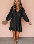 Black Puff Sleeve V Neck Tiered Ruffled Chambray Mini Dress - Little Miss Vanilla