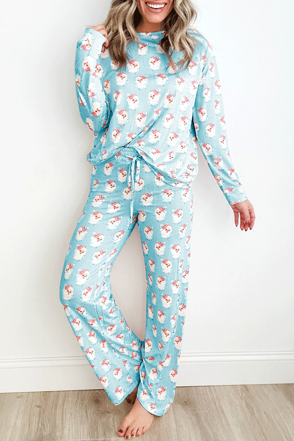 Sky Blue Santa Claus Striped Print Loose Fit Two Piece Lounge Set - Little Miss Vanilla