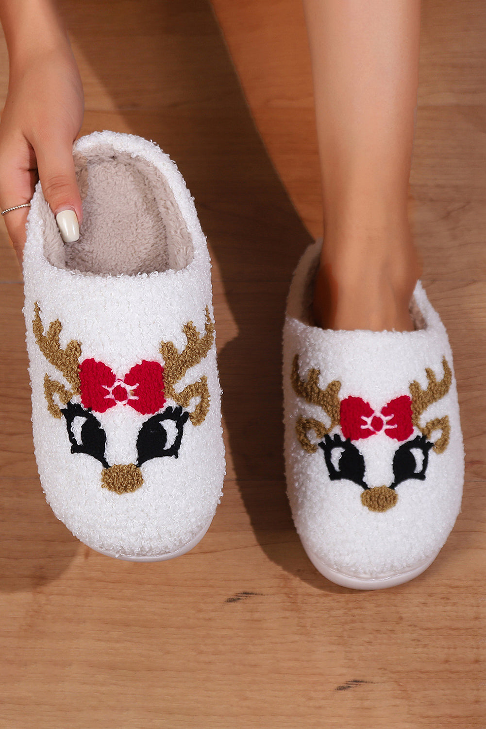 White Christmas Cartoon Pattern Plush Slippers - Little Miss Vanilla