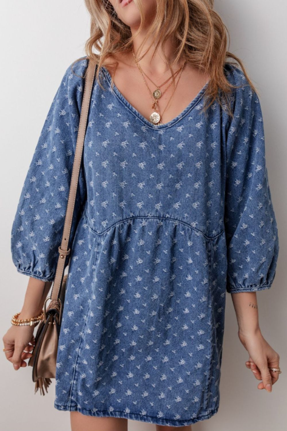 Tied V-Neck Three-Quarter Sleeve Denim Dress - Little Miss Vanilla