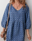 Tied V-Neck Three-Quarter Sleeve Denim Dress - Little Miss Vanilla