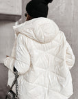 White Solid Quilted Hooded Zip Up Puffer Coat - Little Miss Vanilla