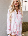 Pink Satin Bow Bell Sleeve Shirt and Ruffled Shorts Pajama Set