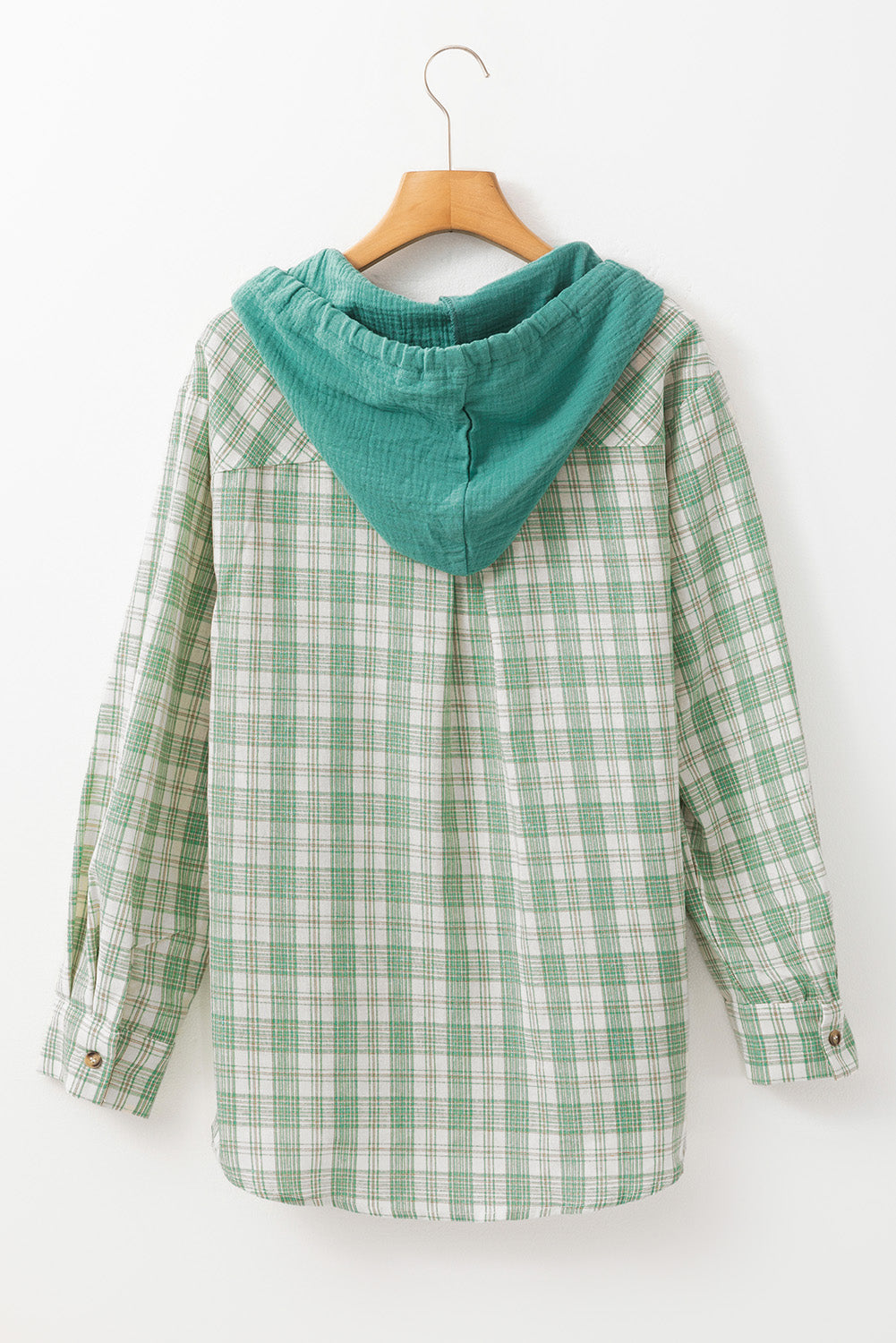 Green Checkered Print Loose Fit Buttoned Hooded Shacket - Little Miss Vanilla