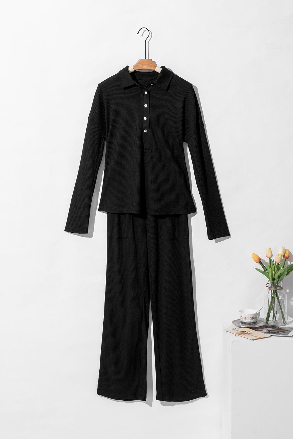 Black Ribbed Knit Collared Henley Top and Pants Lounge Outfit - Little Miss Vanilla