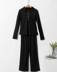 Black Ribbed Knit Collared Henley Top and Pants Lounge Outfit - Little Miss Vanilla