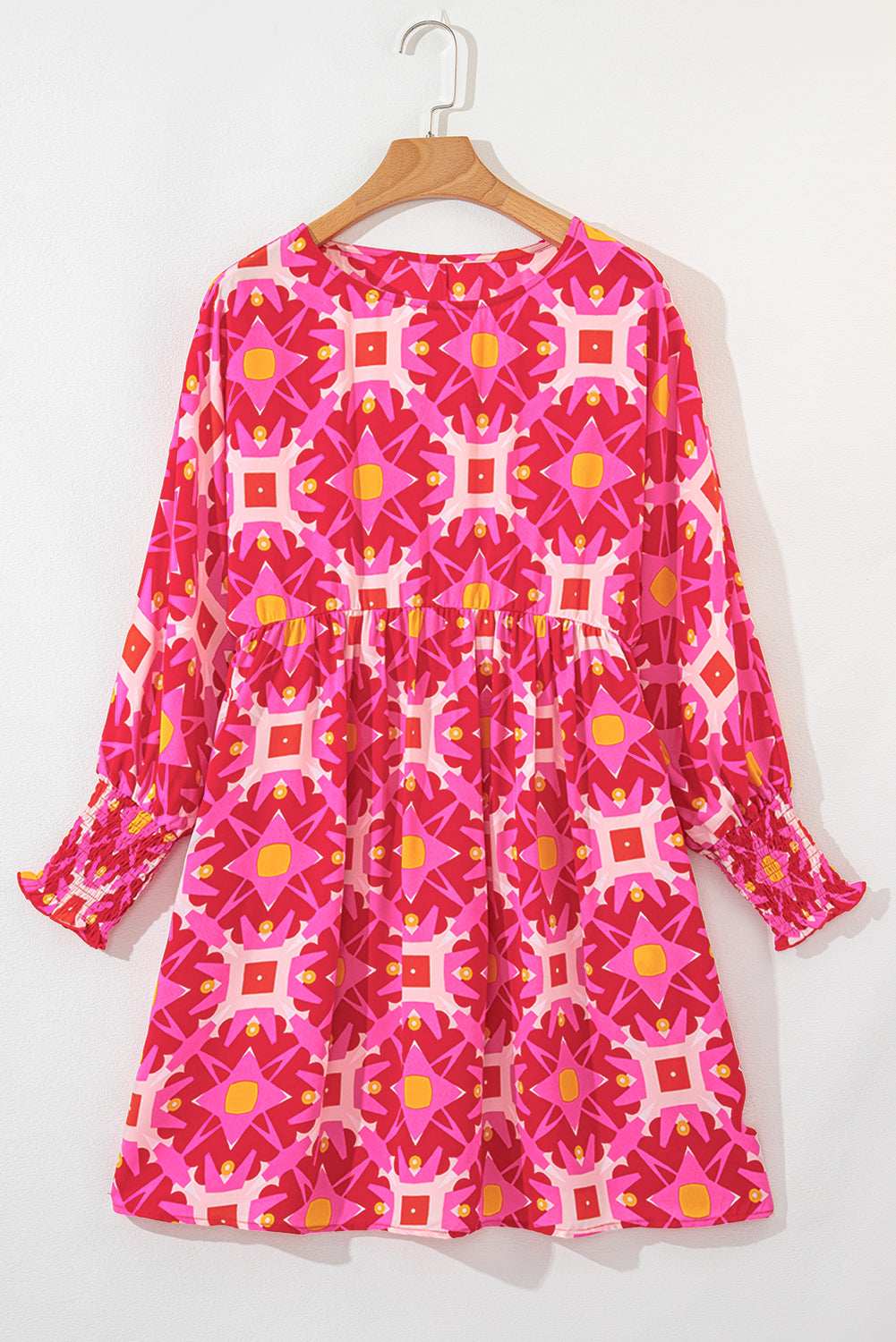 Strawberry Pink Geometric Print Smocked Long Sleeve Mini Dress - Little Miss Vanilla