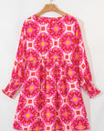 Strawberry Pink Geometric Print Smocked Long Sleeve Mini Dress - Little Miss Vanilla