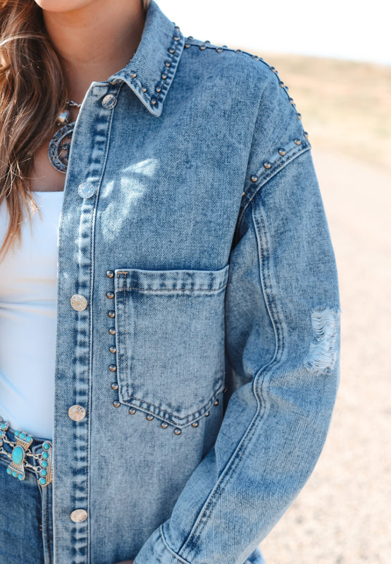 Studded Acid Wash Long Sleeve Denim Jacket - Little Miss Vanilla