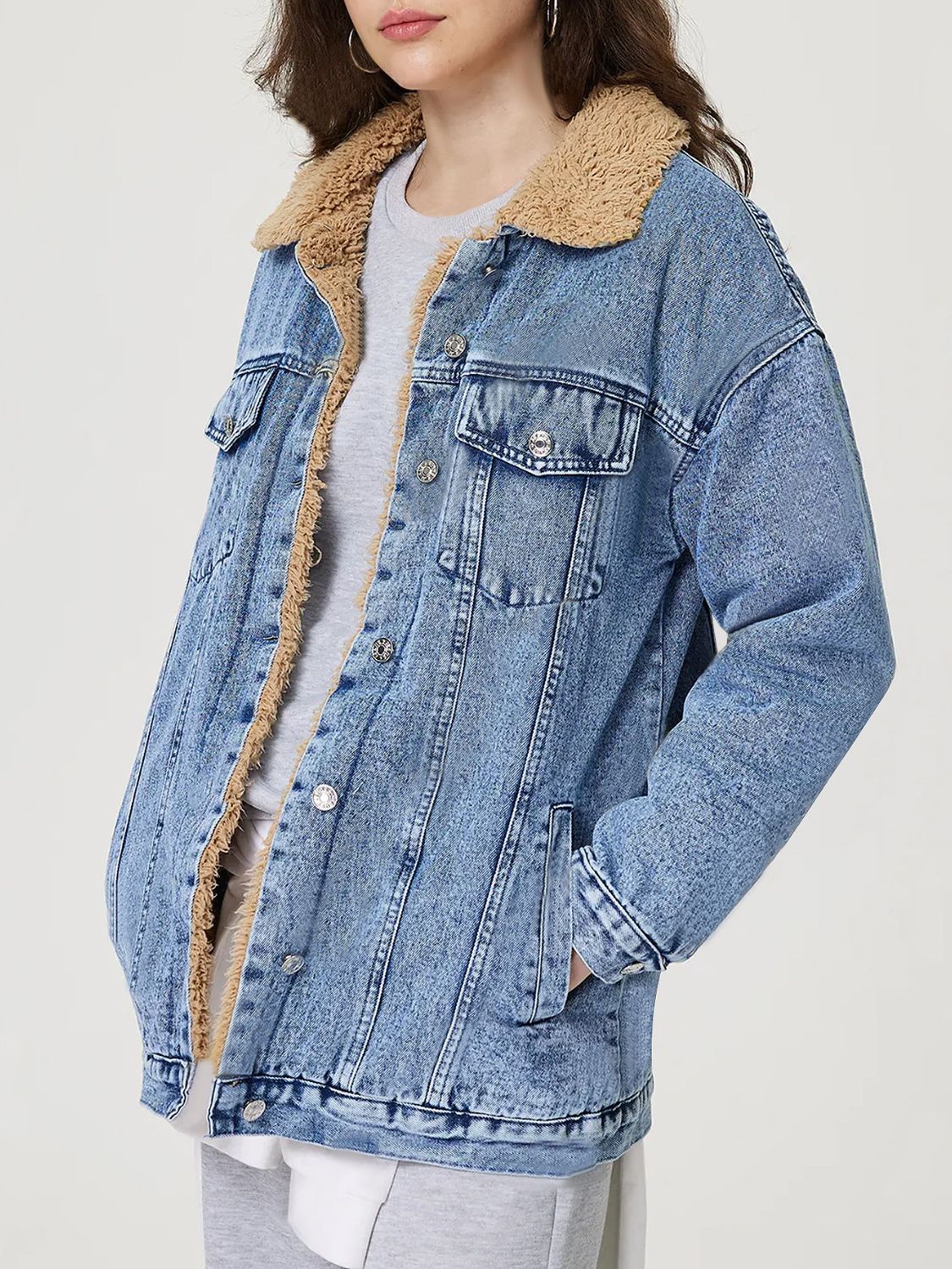 Button Up Collared Neck Plush Denim Jacket - Little Miss Vanilla