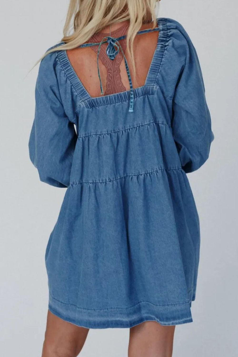 Tied Square Neck Long Sleeve Denim Dress with Pockets - Little Miss Vanilla