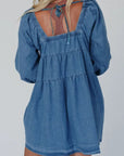 Tied Square Neck Long Sleeve Denim Dress with Pockets - Little Miss Vanilla