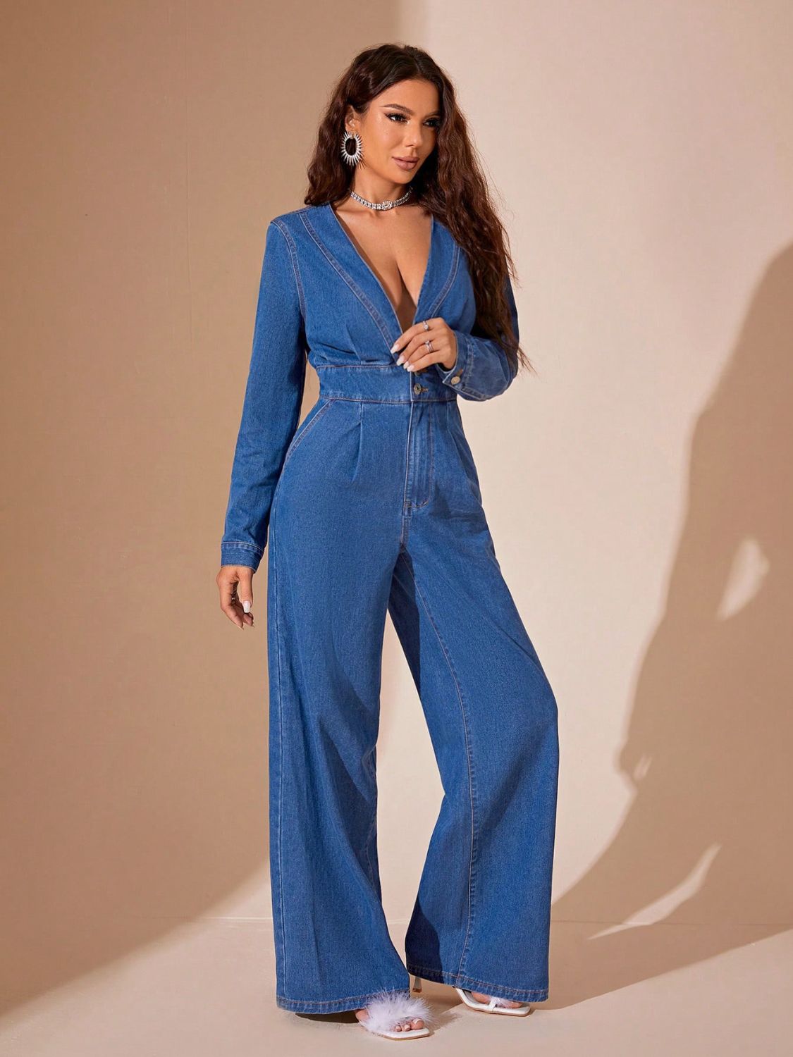 Plunge Long Sleeve Wide Leg Denim Jumpsuit - Little Miss Vanilla