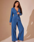 Plunge Long Sleeve Wide Leg Denim Jumpsuit - Little Miss Vanilla