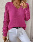 Solid V-neck Pullover Sweater With Hollow Long Sleeve Fashion Tops For Women Clothing