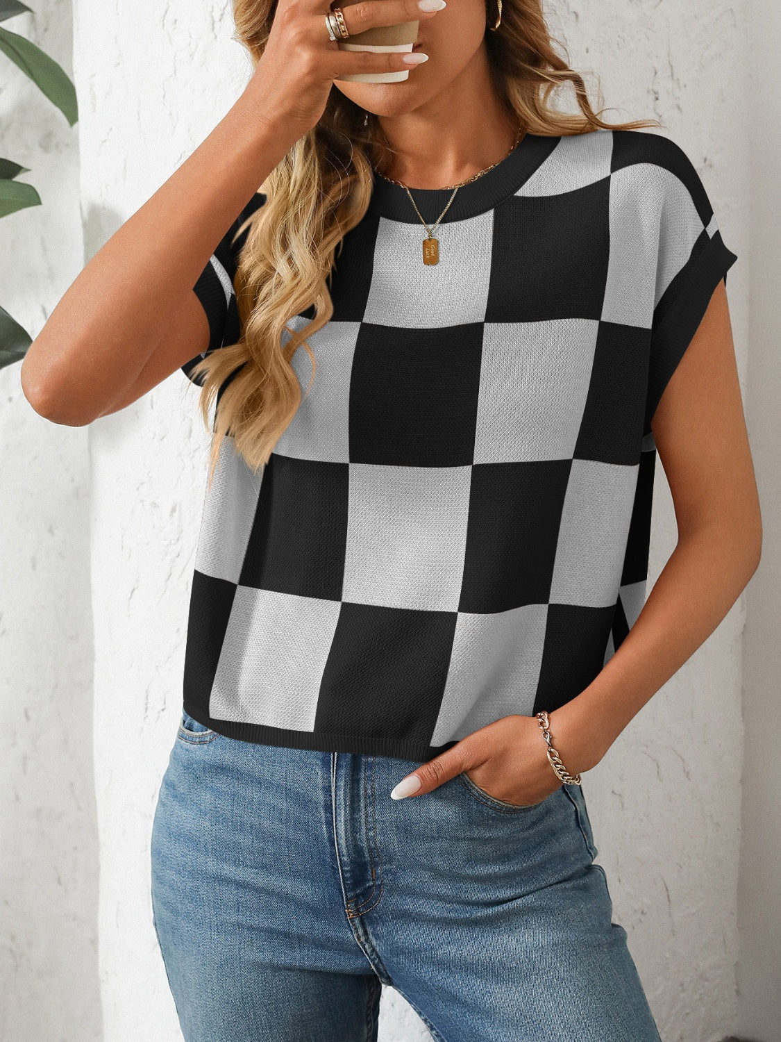 Mandy Checkered Round Neck Cap Sleeve Knit Top - Little Miss Vanilla