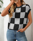 Mandy Checkered Round Neck Cap Sleeve Knit Top - Little Miss Vanilla