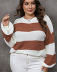 Plus Size Striped Round Neck Long Sleeve Sweater - Little Miss Vanilla