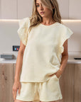 Apricot Textured Ruffled Sleeve Tee and Drawstring Shorts Set