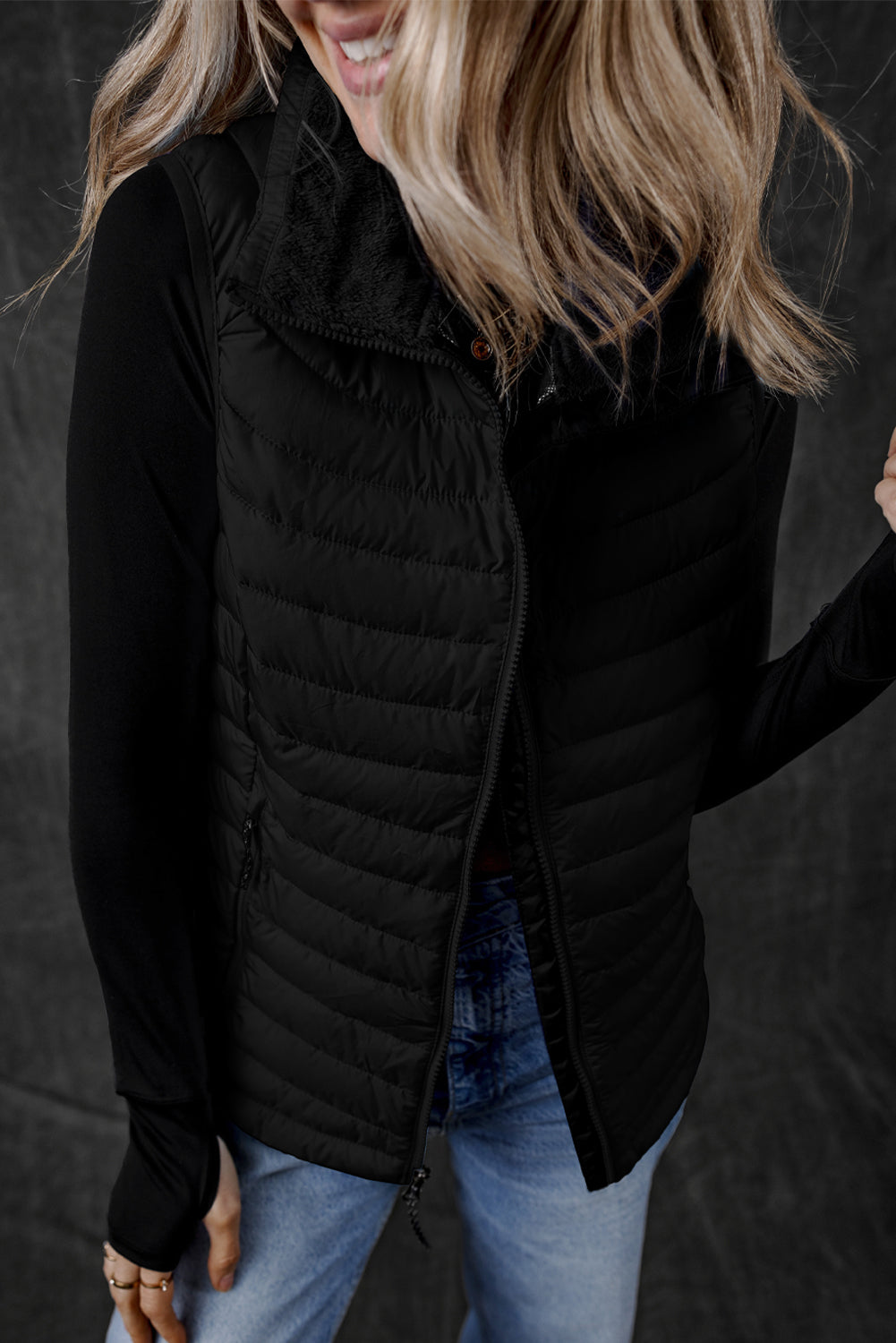 Black Plush Collared Quilted Zipped Puffer Vest - Little Miss Vanilla