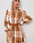 Khaki Plaid Pattern Collared Neck Ruffled Sleeve Shirt Dress - Little Miss Vanilla