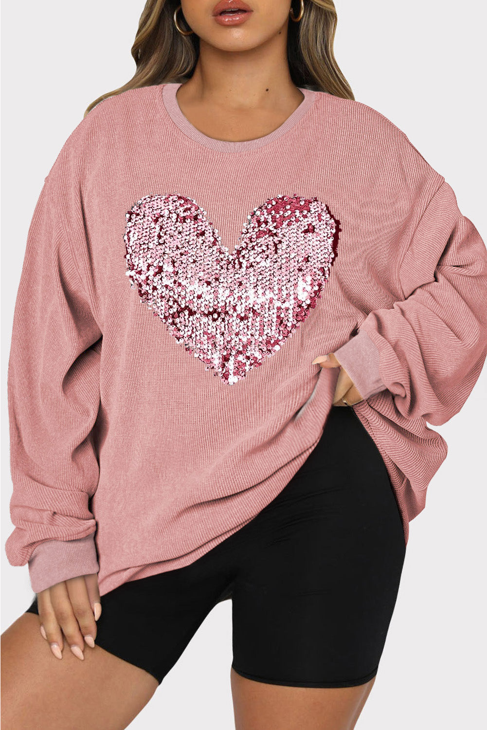 Plus Size Heart Sequin Round Neck Sweatshirt - Little Miss Vanilla