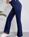 Dusk Blue Solid Crossed Waist High Elastic Fit Flare Knit Jeans