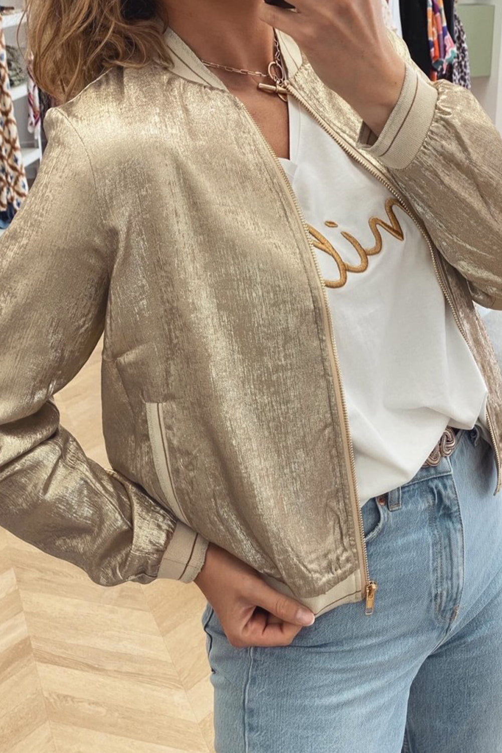 Pale Khaki Metallic Zip up Baseball Jacket - Little Miss Vanilla