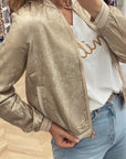 Pale Khaki Metallic Zip up Baseball Jacket - Little Miss Vanilla