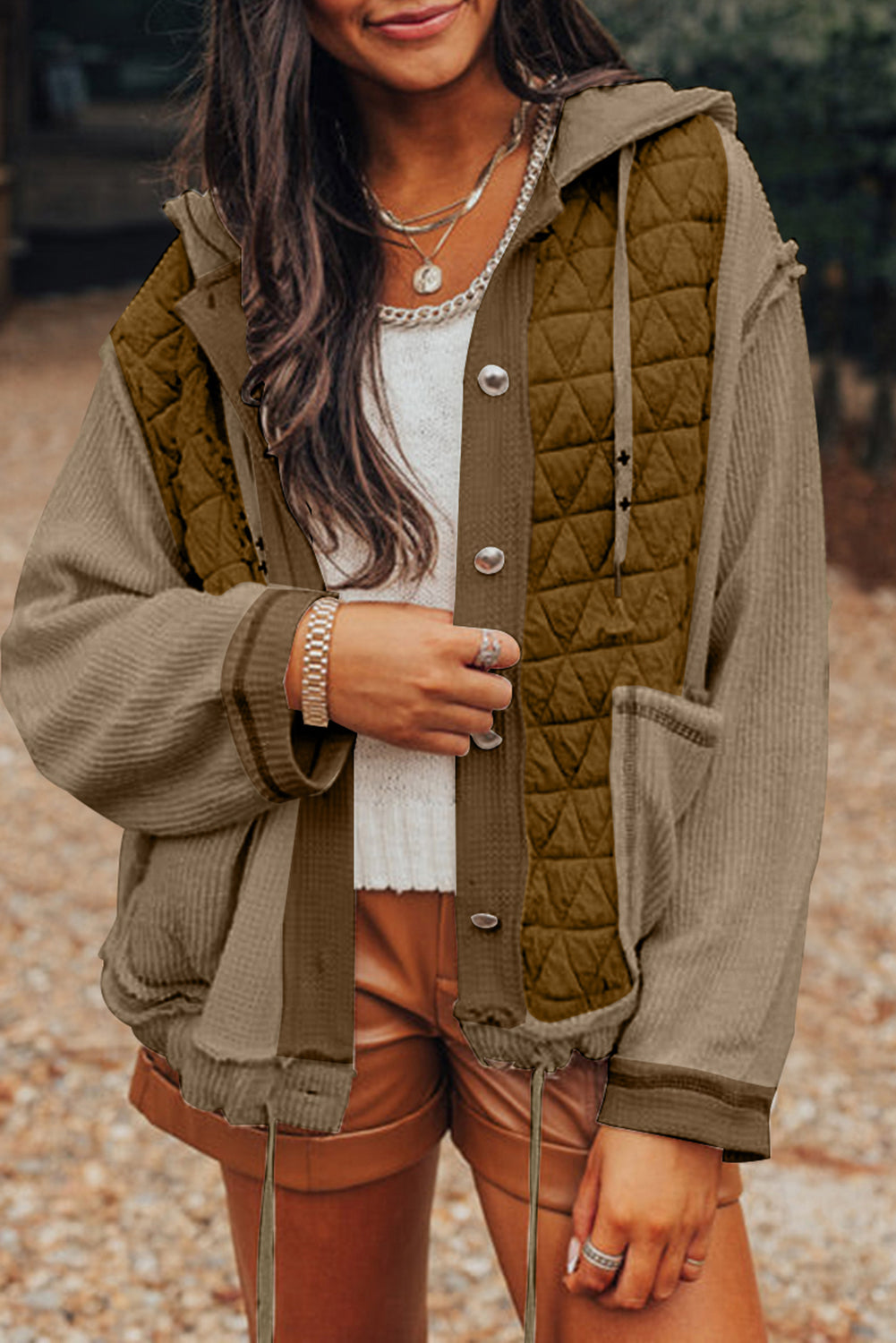 Jungle Green Quilted Textured Patchwork Loose Fit Hooded Jacket - Little Miss Vanilla