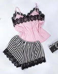 Pink and black striped silk satin pajamas for women, featuring lace trim and soft fabric, ideal for summer home wear.