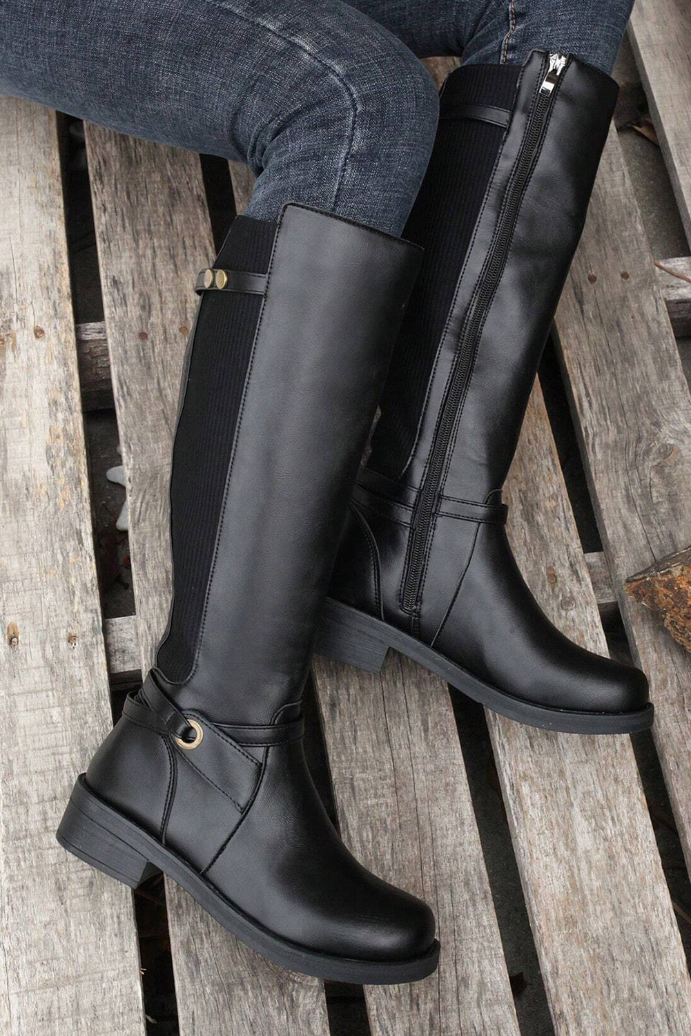 Black Side Zipper Knee High Chunky Low Heel Boots - Little Miss Vanilla